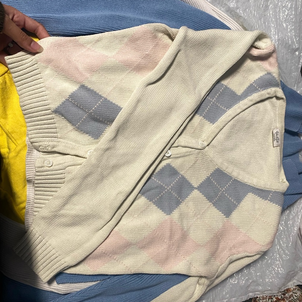 Brandy Melville / John Galt Pink Blue Cream Argyle Cardigan